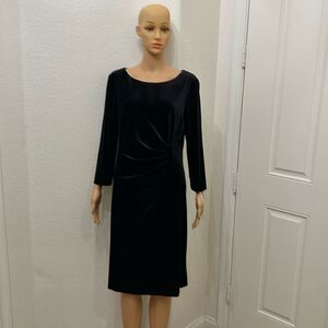 Preston & York Black Velvet Dress Sz 12 Scoop Neck 3/4 Sleeve Midi Ruched Waist